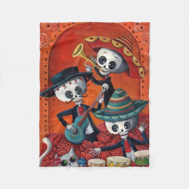 Dia de Los Muertos Skeleton Mariachi Trio Fleece Blanket (Front)