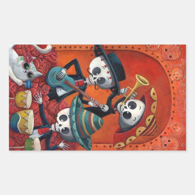 Dia de Los Muertos Skeleton Mariachi Trio Rectangular Sticker (Front)
