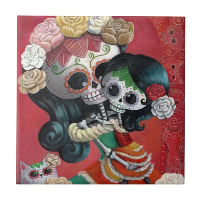 Dia de Los Muertos Skeletons Mother and Daughter Tile (Front)