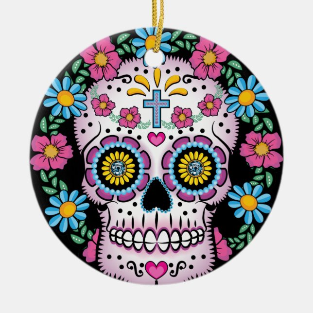 Dia de los Muertos Skull Ceramic Tree Decoration (Front)