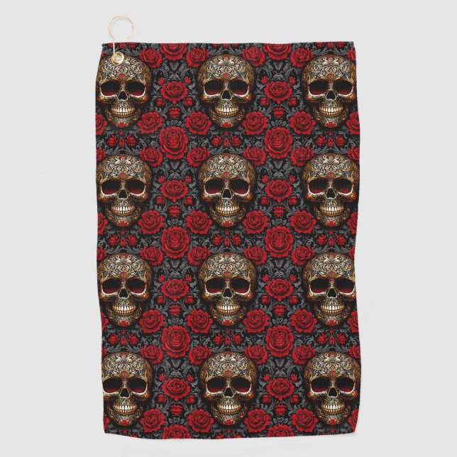 Dia de los Muertos Skull with Red Roses Golf Towel (Front)