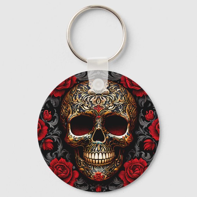 Dia de los Muertos Skull with Red Roses Key Ring (Front)