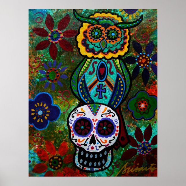 dia de los muertos skulls owl poster (Front)