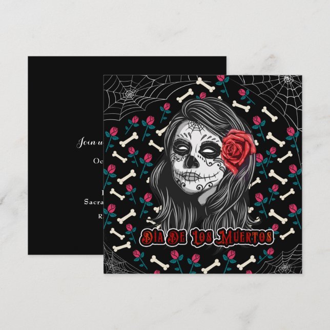 DIA DE LOS MUERTOS SUGAR SKULL GIRL & RED ROSES INVITATION (Front/Back)