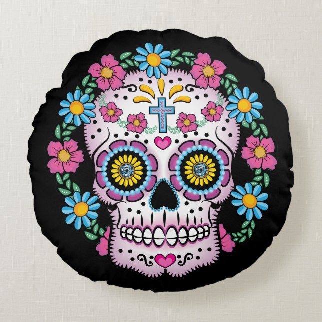 Dia de los Muertos Sugar Skull Round Cushion (Front)