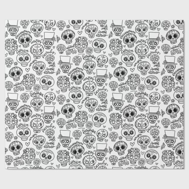 Dia de Los Muertos Sugar Skulls - Adult Colouring Wrapping Paper (Flat)