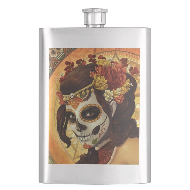 Dia De Los Muertos Throw Pillow Hip Flask (Front)