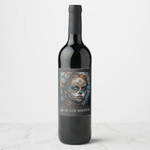 Dia de los Muertos turquoise face, customisable Wine Label