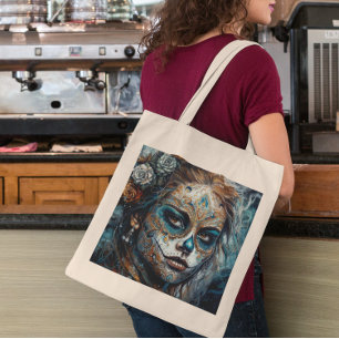 Dia de los Muertos turquoise painted face Tote Bag