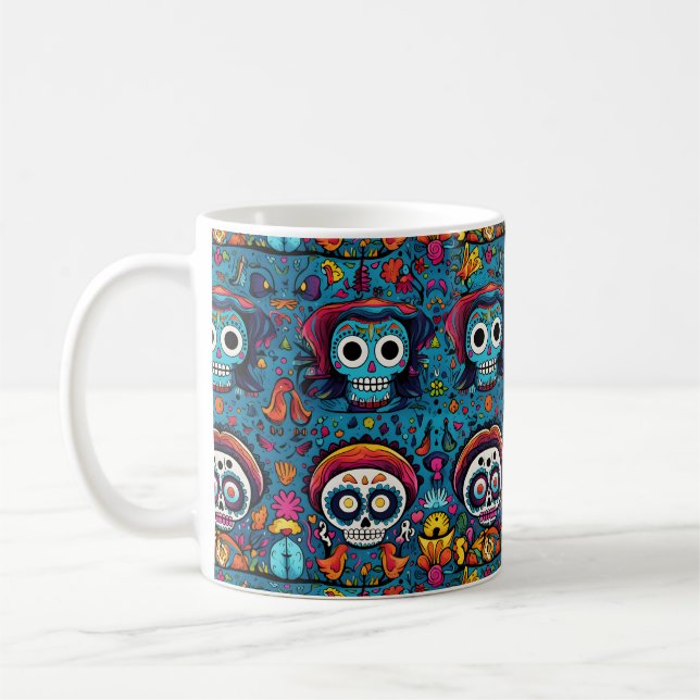 Dia de Muertos, blue sugar skulls pattern Coffee Mug (Left)