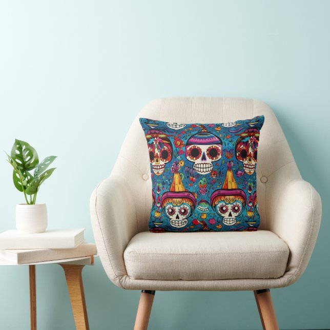 Dia de Muertos, blue sugar skulls pattern Cushion (Chair)