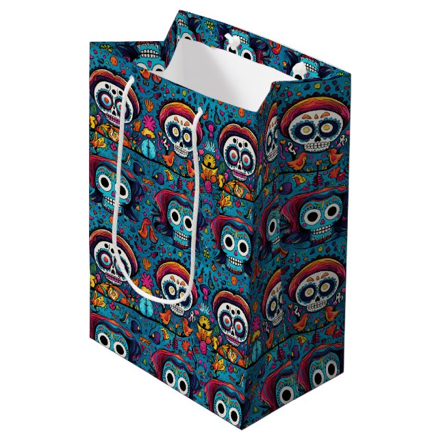 Dia de Muertos, blue sugar skulls pattern Medium Gift Bag (Front Angled)