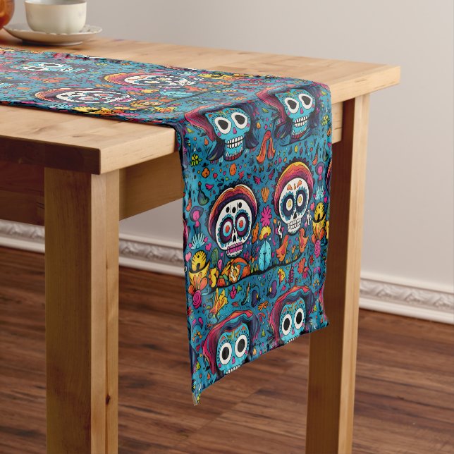 Dia de Muertos, blue sugar skulls pattern Short Table Runner (In Situ)