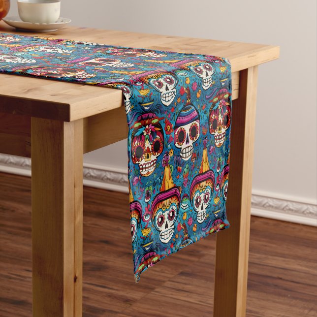 Dia de Muertos, blue sugar skulls pattern Short Table Runner (In Situ)