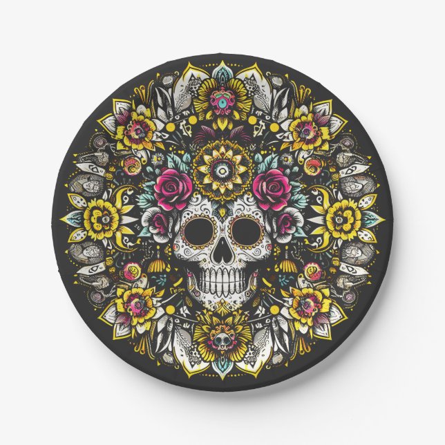 Día de Muertos Day Of The Dead Mandala Halloween Paper Plate (Front)