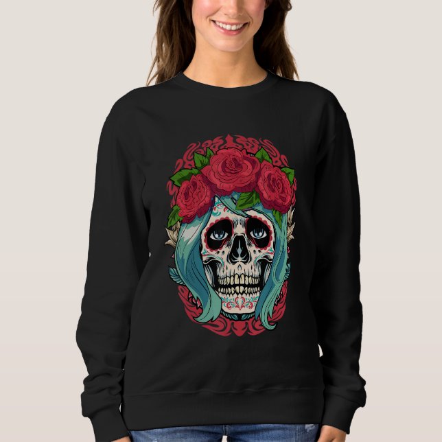 Dia De Muertos Floral Sugar Skull Women Red Day Of Sweatshirt (Front)