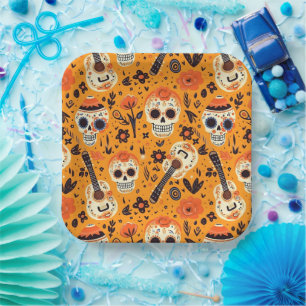 Dia de Muertos, guitars and sugar skulls orange Paper Plate