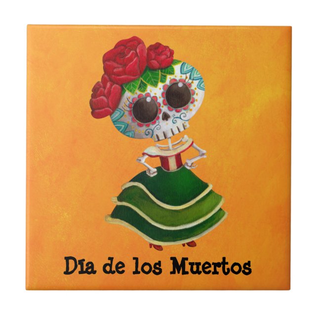 Dia de Muertos Mexican Miss Death Tile (Front)