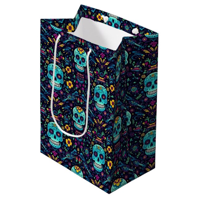 Día de Muertos Reverie: Turquoise Sugar Skull Spec Medium Gift Bag (Front Angled)