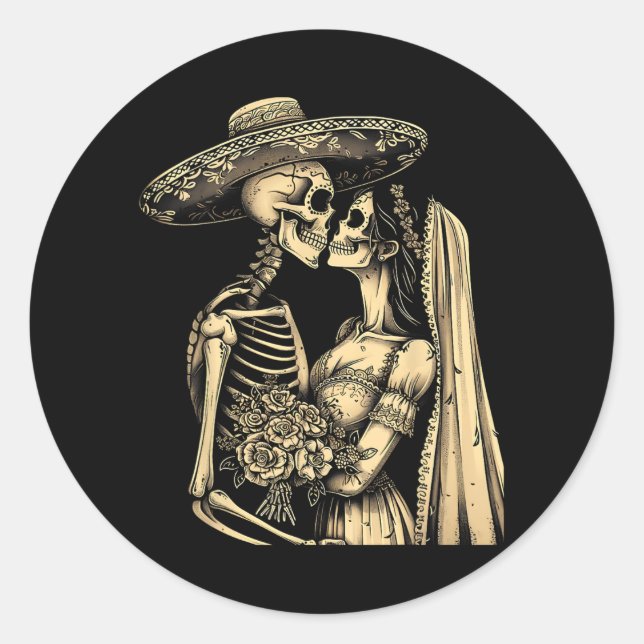 Dia De Muertos Sugar Skull Couple Skeleton Bride W Classic Round Sticker (Front)
