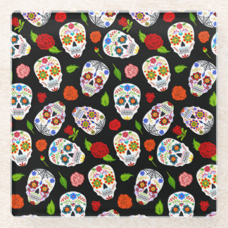Dia Los Muertos: sugar skulls pattern. Glass Coaster