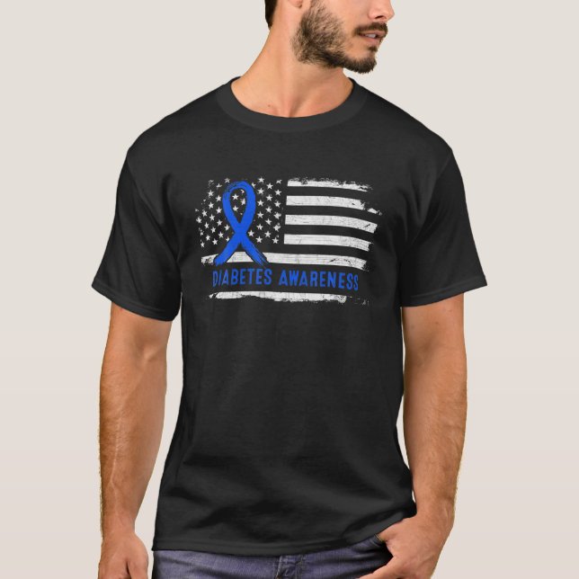 Diabetes Awareness American Flag - Blue Ribbon T-Shirt (Front)