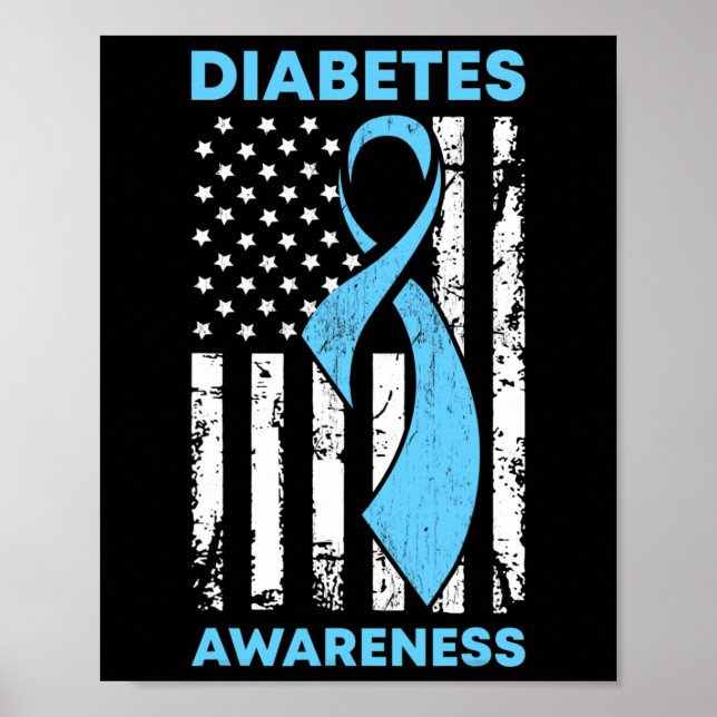 Diabetes Awareness American US Flag Blue Ribbon T1 Poster (Front)