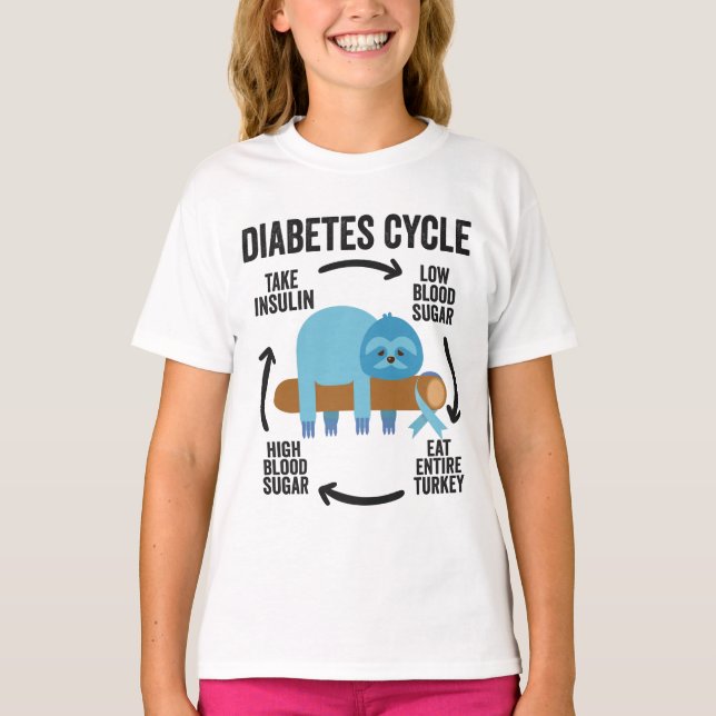 Diabetes Cycle Funny Blue Sloth Ribbon Thanksgivin T-Shirt (Front)