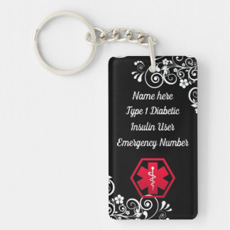 Diabetic Floral  Medical Alert  Type 1 or 2 Key Ring