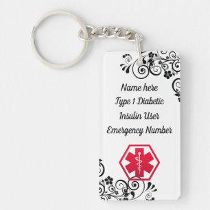 Diabetic Floral  Medical Alert  Type 1 or 2 Key Ring