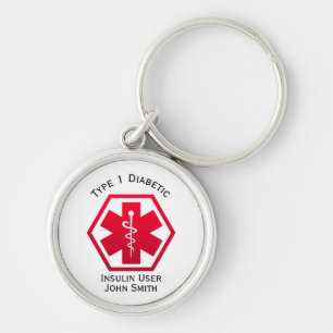 Diabetic Type 1 or 2  Personalised Medical Alert Key Ring
