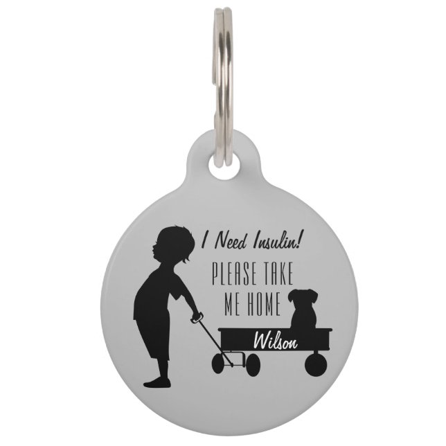 Diabetic Vintage Silhouette Dog & Wagon Grey Pet Tag (Front)