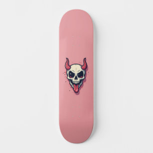 Diablesse pulling his tongue against a pink backgr skateboard