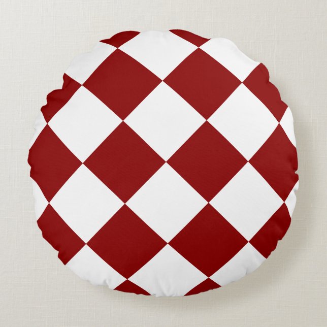 Diag Chequered Large - White and Dark Red Round Cushion (Front)