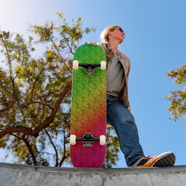 Diag Rainbow Gradient Floral Pattern Red Green Skateboard (Outdoor 1)