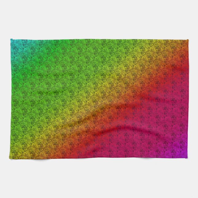 Diag Rainbow Gradient Floral Pattern Red Green Tea Towel (Horizontal)