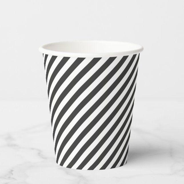 Diagonal black and white stripes  pattern paper cups (Front)