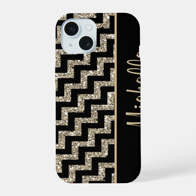 Diagonal Black Chevron Gold Personalised iPhone 15 Case (Back)
