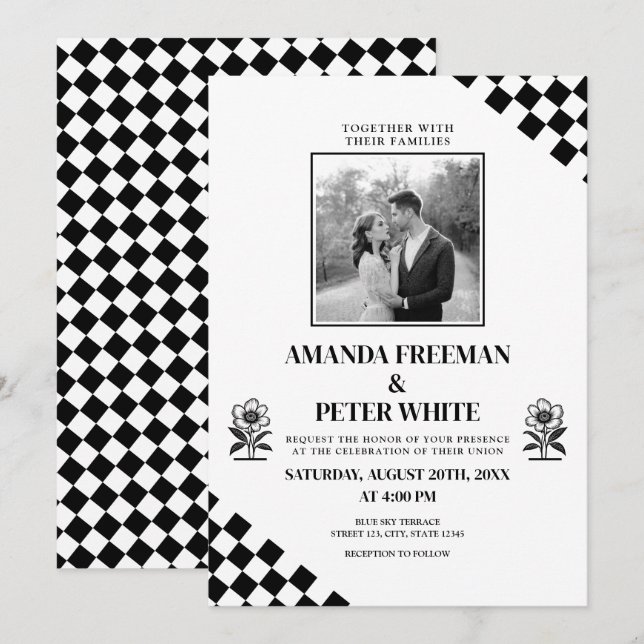 Diagonal Black Flower Bold Checkers Wedding Invitation (Front/Back)