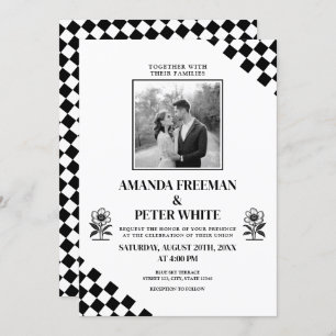 Diagonal Black Flower Bold Checkers Wedding Invitation