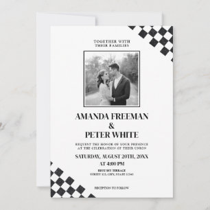 Diagonal Black Glitter Bold Checkers Wedding Invitation