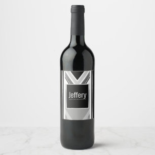 Diagonal black, grey, metallic striped print wine label