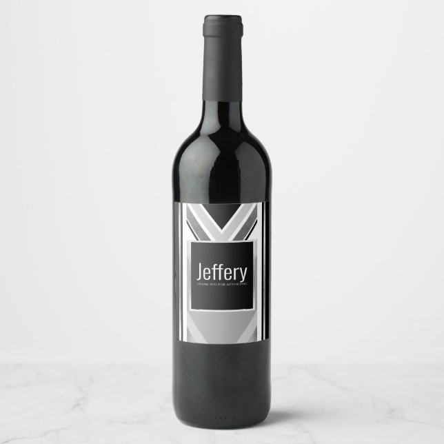 Diagonal black, grey, metallic striped print wine label (Front)