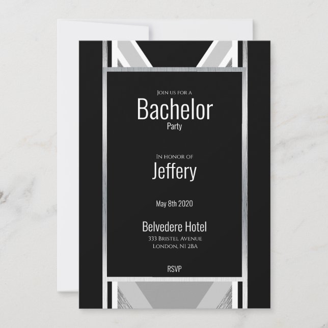 Diagonal black, grey, metallic striped save the date (Front)