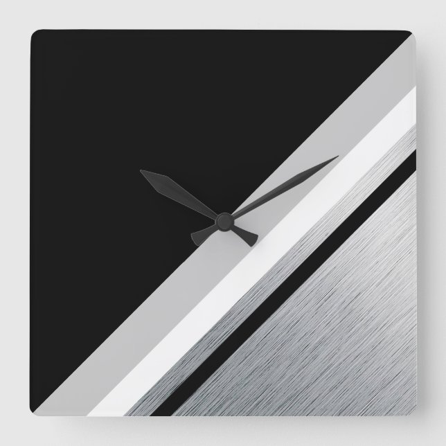 Diagonal black, grey, metallic striped square wall clock (Front)