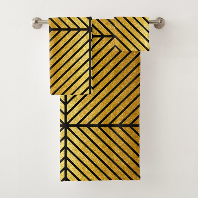 Diagonal Black Striped Gold Leaf Texture Bath Set (Insitu)