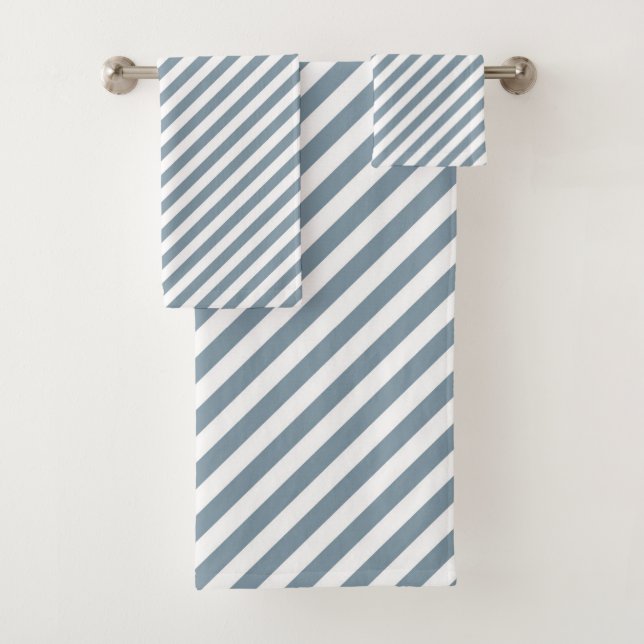 Diagonal blue and white stripes pattern bath towel set (Insitu)