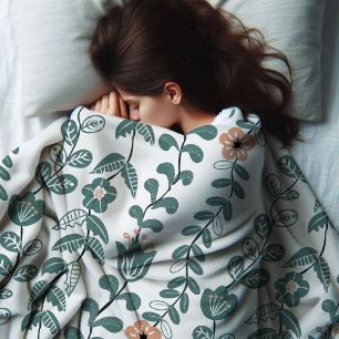 Diagonal Botanical Teal Floral Pattern Fleece Blanket