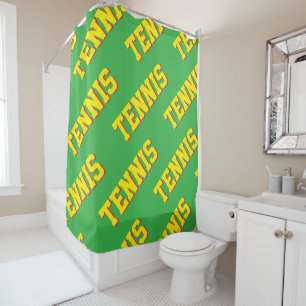 Diagonal Bright Yellow Retro TENNIS Text On Green Shower Curtain