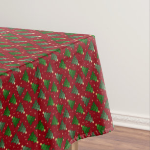 Diagonal Christmas Trees with Stars on Custom Red Tablecloth